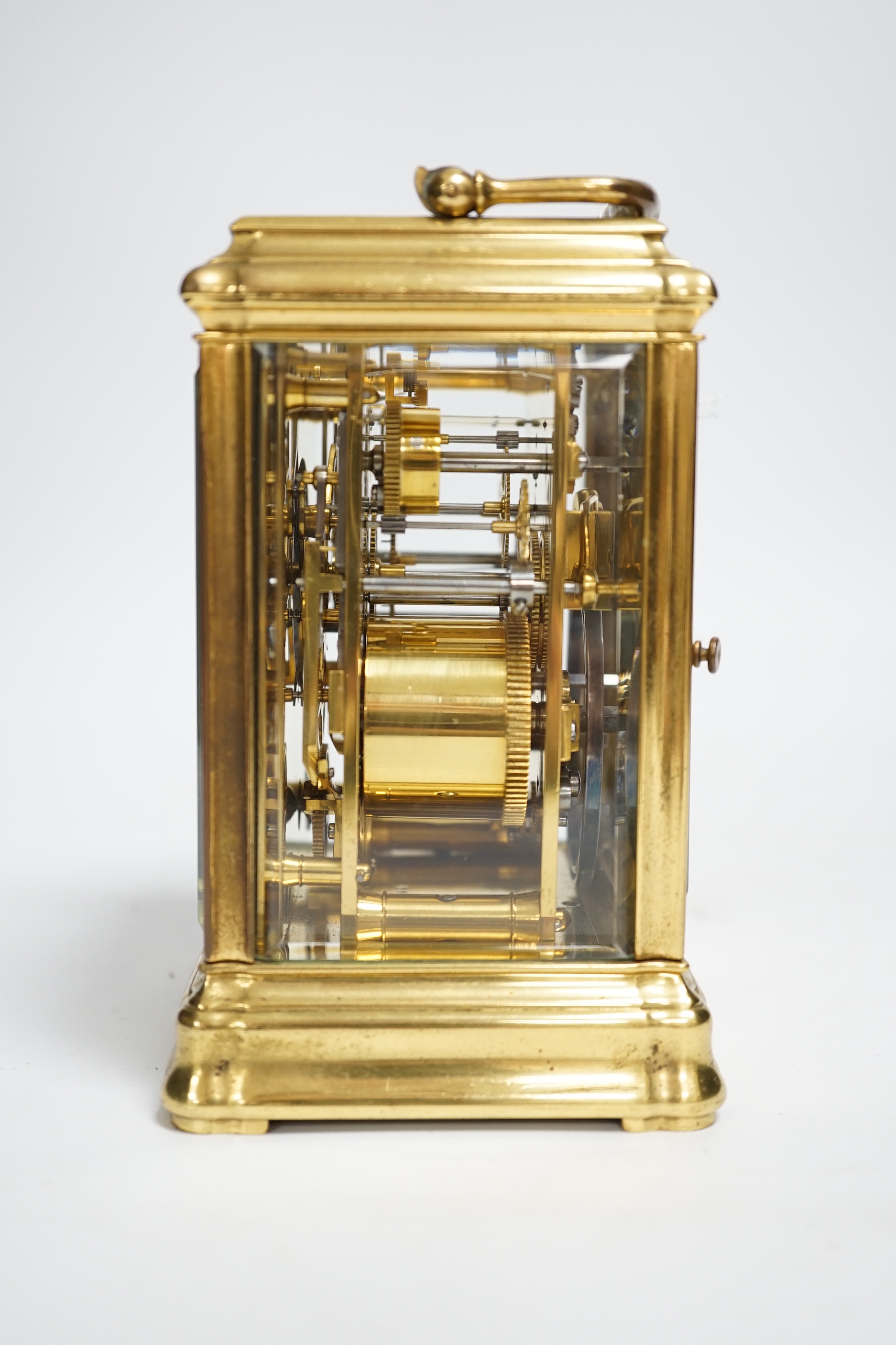 A French hour repeating brass gorge cased carriage clock with alarm, 15cm